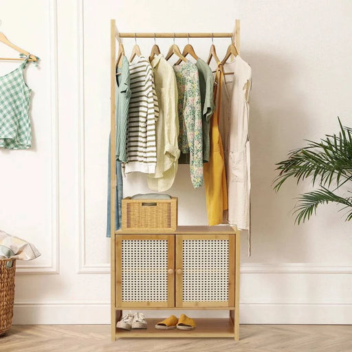 Versatile and stylish free-standing bamboo clothes stand with shelves