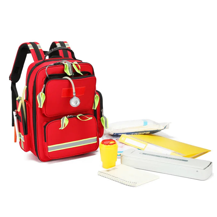 Red first aid backpack with ample storage space and safety reflective strips