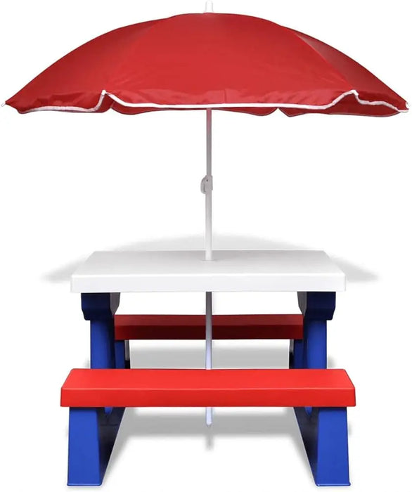 Multicolour Outdoor Picnic Table with Benches and Parasol Durable Plastic & Steel