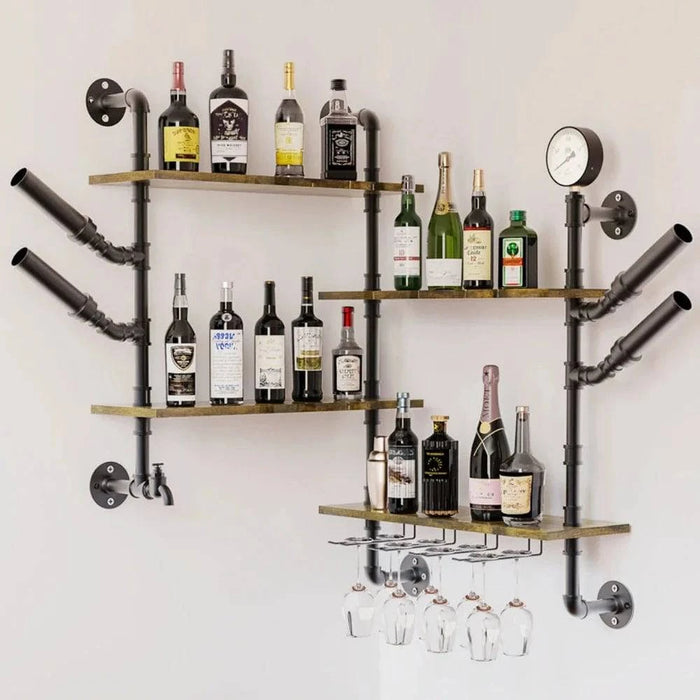 Industrial pipe bar wall liquor shelf with wine glass holder and rustic brown MDF shelves