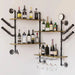 Industrial pipe bar wall liquor shelf with wine glass holder and rustic brown MDF shelves