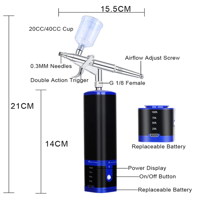 Portable Cordless Airbrush Kit - A with Compressor and Rechargeable Battery