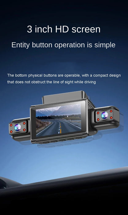 Three-Lens Dash Cam with 128GB TF Card and real-time mobile app viewing