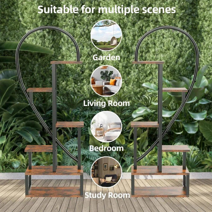 6-tier heart-shaped plant stand with wood and metal construction for indoor and outdoor display