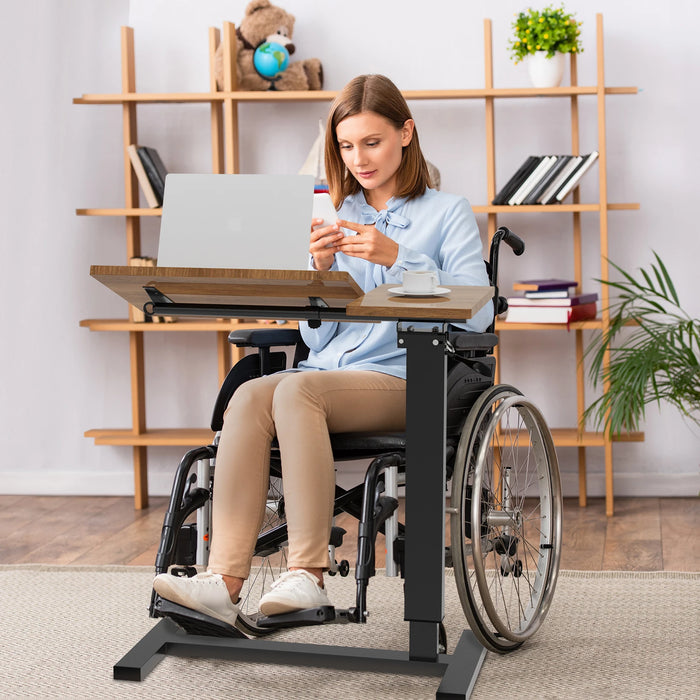 Adjustable overbed table with hidden rolling wheels for laptops and more