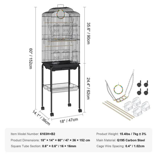 Stainless Steel Bird Flight Cage with Stand and Wheels - 45x35x150cm - FLUXA