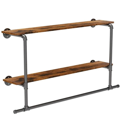 Industrial pipe clothing rack with 2 tier storage shelves in black