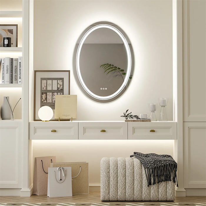 Dimmable LED bathroom mirror with defog feature for shower, shaving, makeup