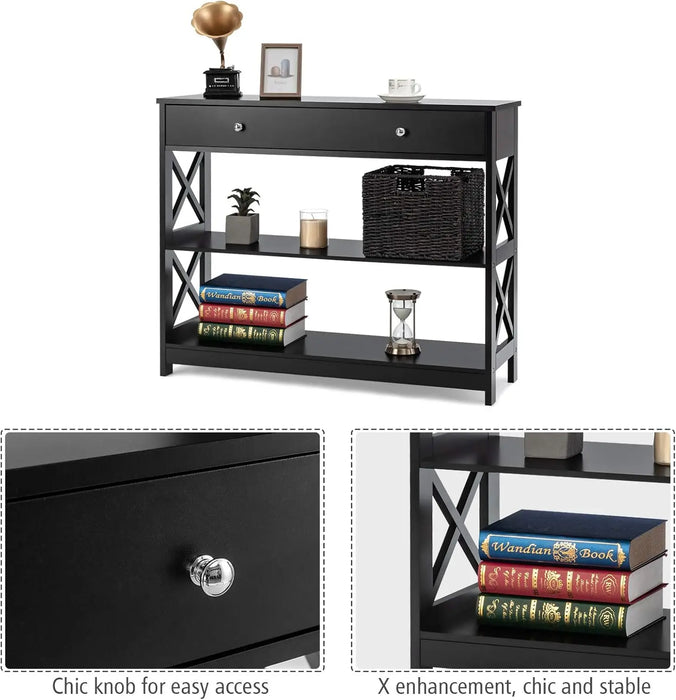 Modern 3-Tier Console Table with Drawer and Shelves Slim Design for Hallway or Living Room
