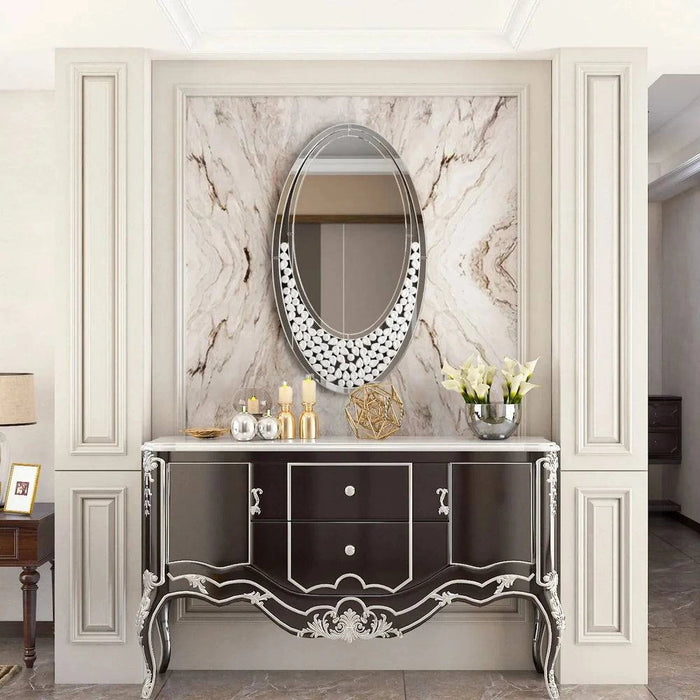 Modern Oval Wall Mirror with Bling Effect and Silver Venetian Accent for Hallway Bathroom Decor