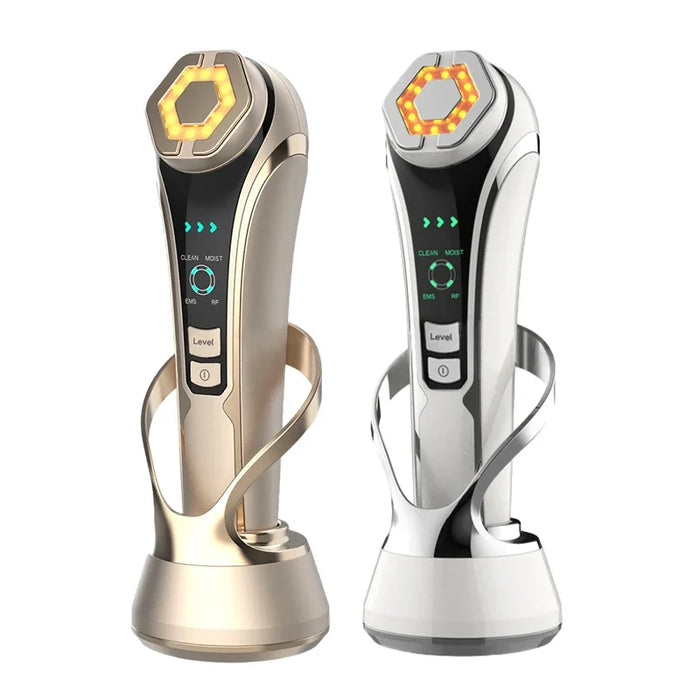 HIFU Face Skin Care | EMS Facial Lifting Massager & LED Photon Wrinkle Remover | Hot Compress 1200Hz Vibration, Silver