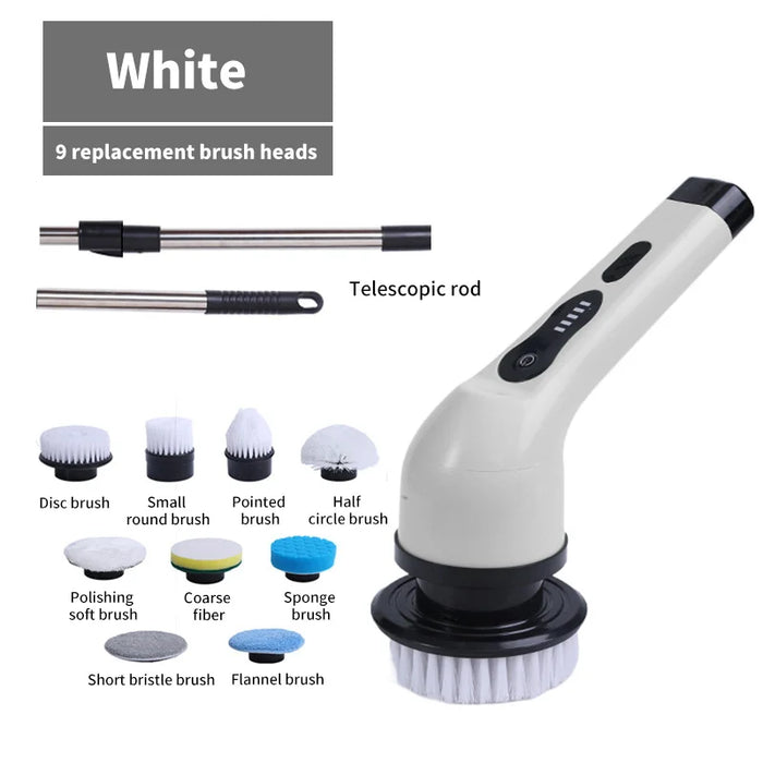 White electric scrubber brush with 9 heads for deep kitchen and bathroom cleaning