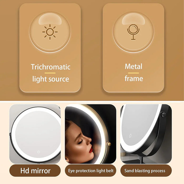 Round vanity mirror with adjustable brightness and 360° rotation