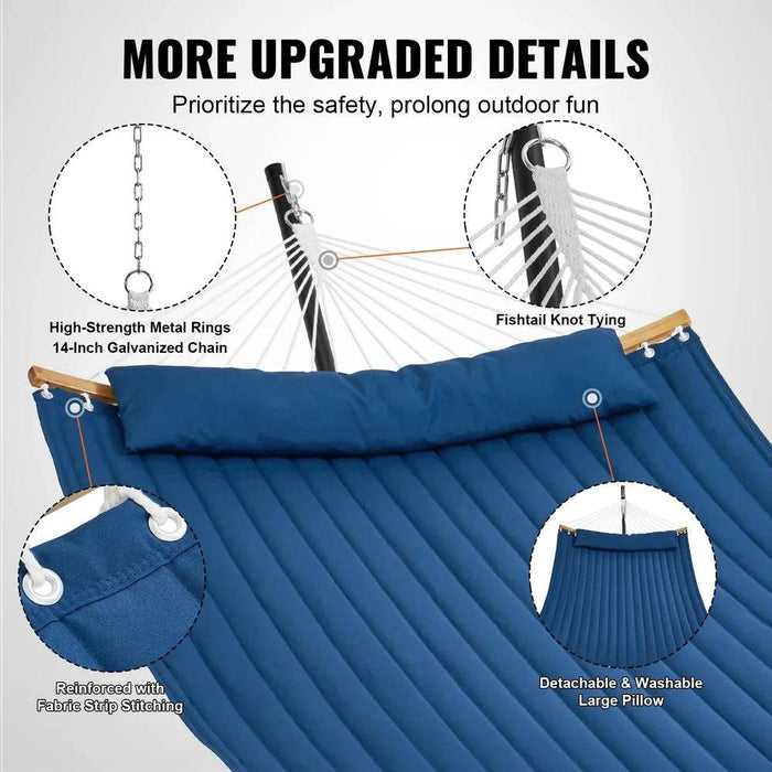 Blue Double Hammock with Stand, 200g Quilted Cotton and Polyester Material, 140 cm Curved Hardwood Spreader Bars, 18 Handcrafted Ropes, and Detachable Pillow