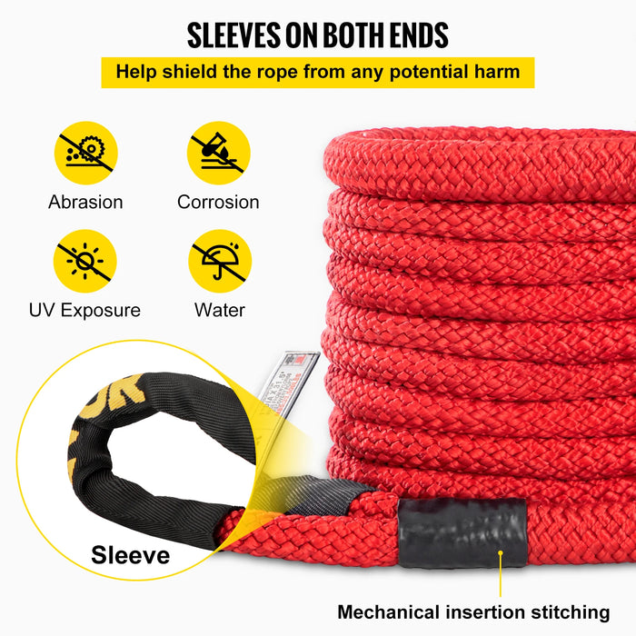 Black heavy duty kinetic recovery tow rope with protective sleeves