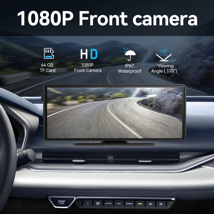 10" CarPlay Display with 1080p Dash Cam & Rear View TF Support