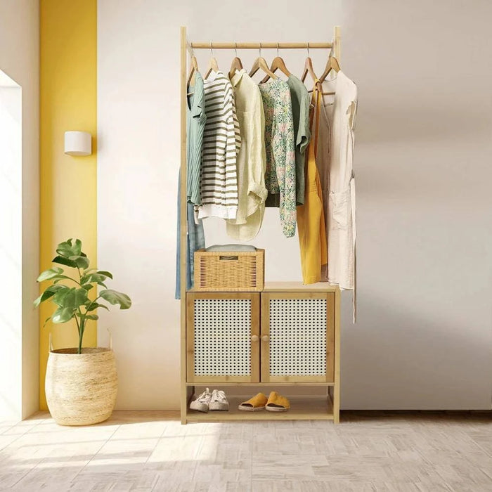 Modern bamboo clothes rack with considerate design and magnet door