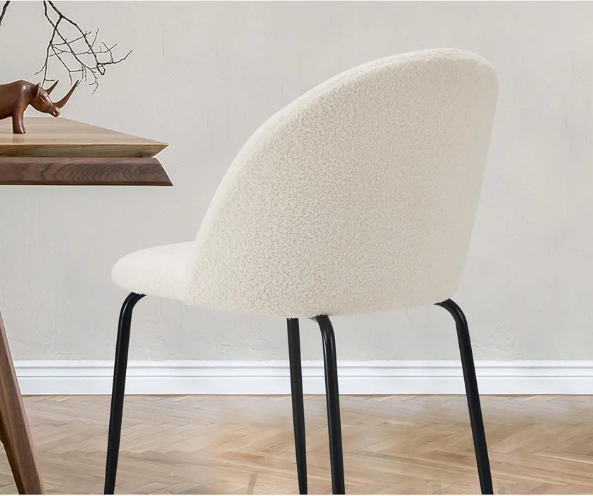 Set of 2 White Sherpa Dining Chairs with Cushioned Back and Metal Legs