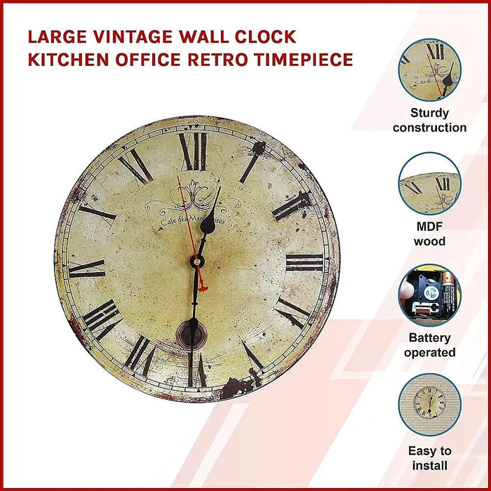 Retro Decorative Wall Clock for Kitchen, Office or Café