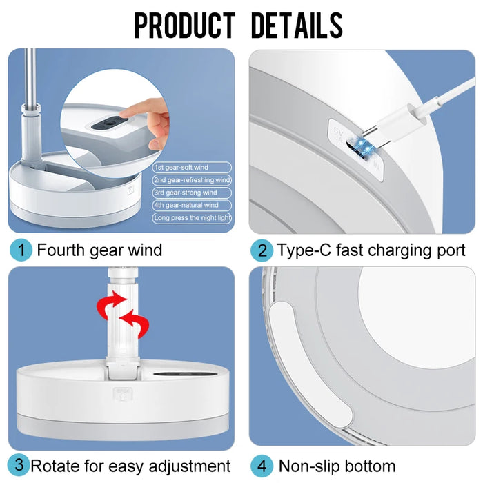 Portable fan with 10800mAh battery, white color, USB rechargeable, and remote control