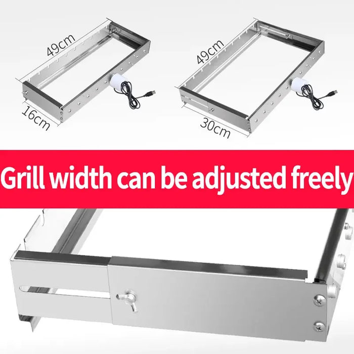 Stainless steel automatic rotating BBQ skewer grill with adjustable width for outdoor cooking