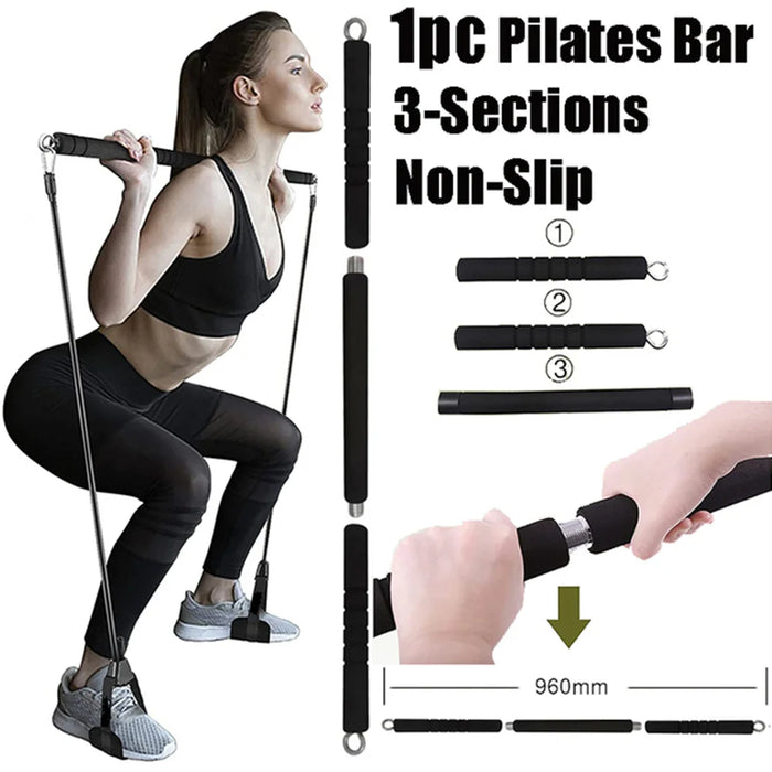 Package contents include resistance bands, workout bar, handles, ankle straps, door anchor, and carry bag
