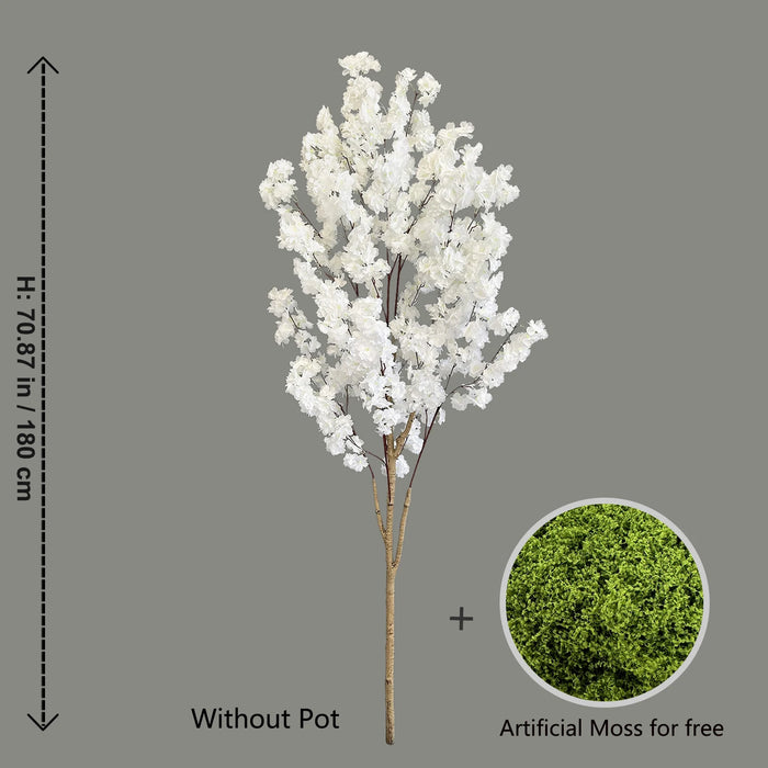 Tall Artificial Cherry Blossom Tree – White Silk Flowers, Natural Trunk, Faux Indoor Decoration for Home & Events, 180cm