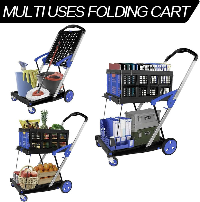 Portable 2-Layer Foldable Shopping Trolley with Removable Baskets and 360° Swivel Casters