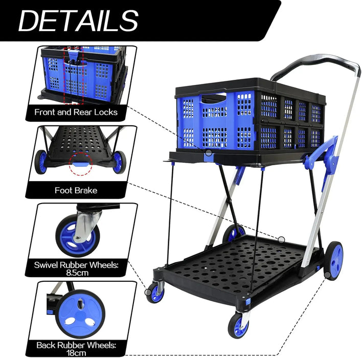 Portable 2-Layer Foldable Shopping Trolley with Removable Baskets and 360° Swivel Casters