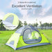 Two-person green winter camping tent with snow skirt and 4-season backpacking shelter in snowy landscape
