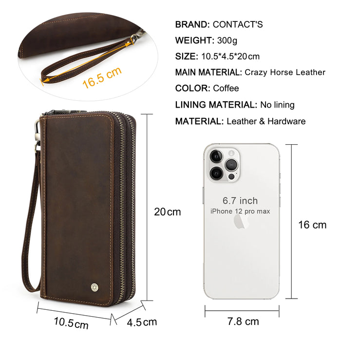  Men's leather clutch wallet with polyester lining and secure double zippers 