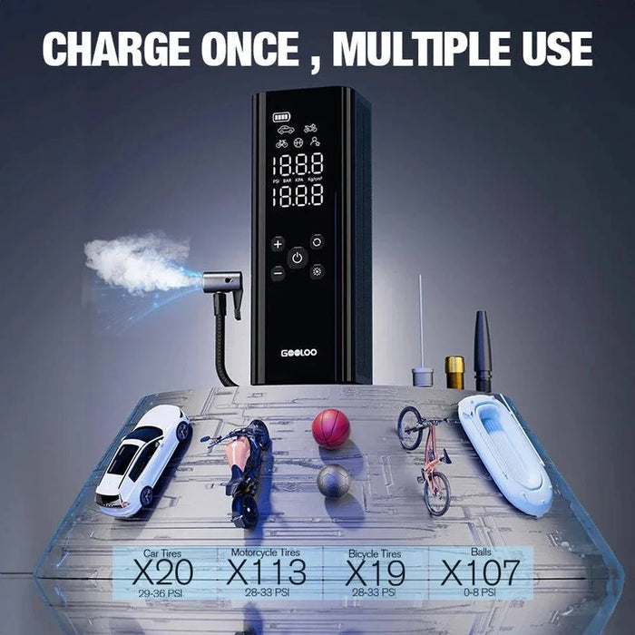 Powerful 12V battery delivers up to 150 PSI of pressure