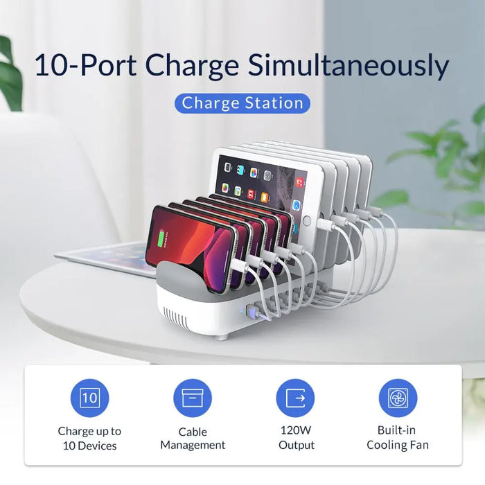 10 Port USB Charging Station 120W Fast Charge White