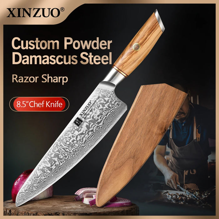 Professional 8.5" Damascus Kitchen Knife with Copper Rivets
