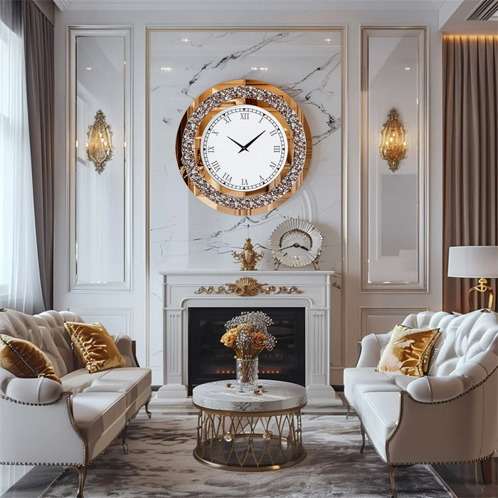 Round shape with sleek tawny tinted glass finish, battery-powered quartz movement