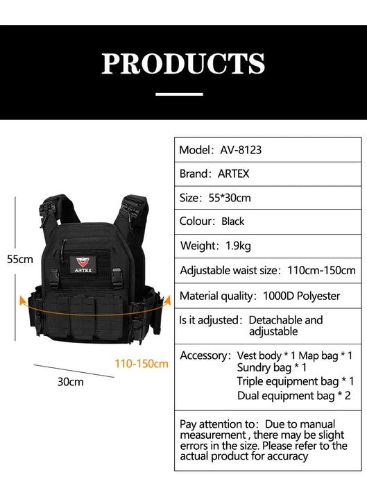 Tactical Plate Carrier Vest with Quick Release, Black, Molle System, Adjustable Straps, and Security Bandolier for Hunting and Outdoor Gear