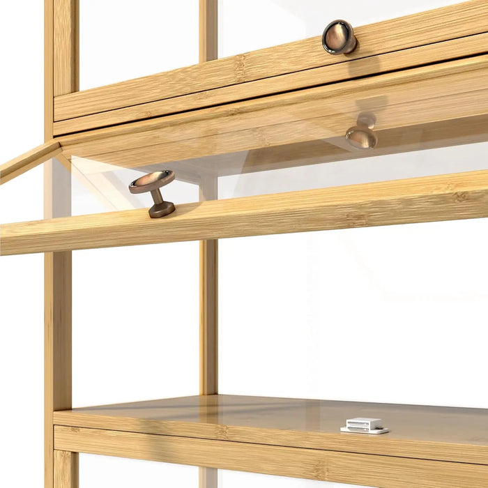 Bamboo Display Cabinet with Clear Door Panels 5 Shelves, Hallway & Living Room Storage