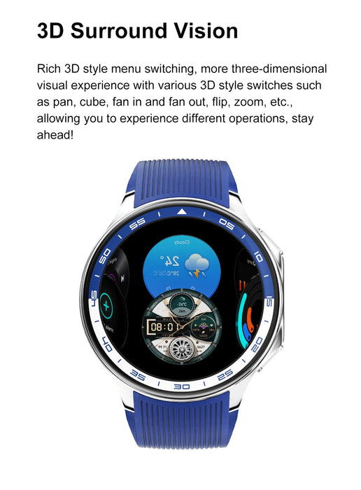 Blue silicone smartwatch with 143 inch AMOLED display, 32GB storage, GPS, and Bluetooth call capabilities