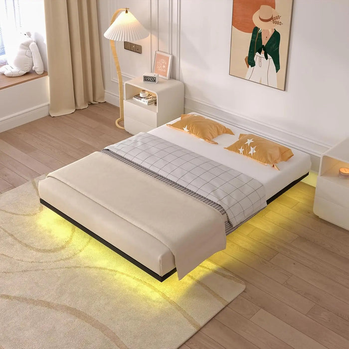 Modern Black Floating Bed Frame LED Sensor Lights, Heavy Duty Metal Slats, Easy Assembly