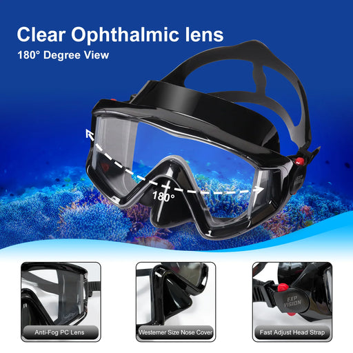Black PC lens dry snorkel set for scuba diving with anti-fog feature