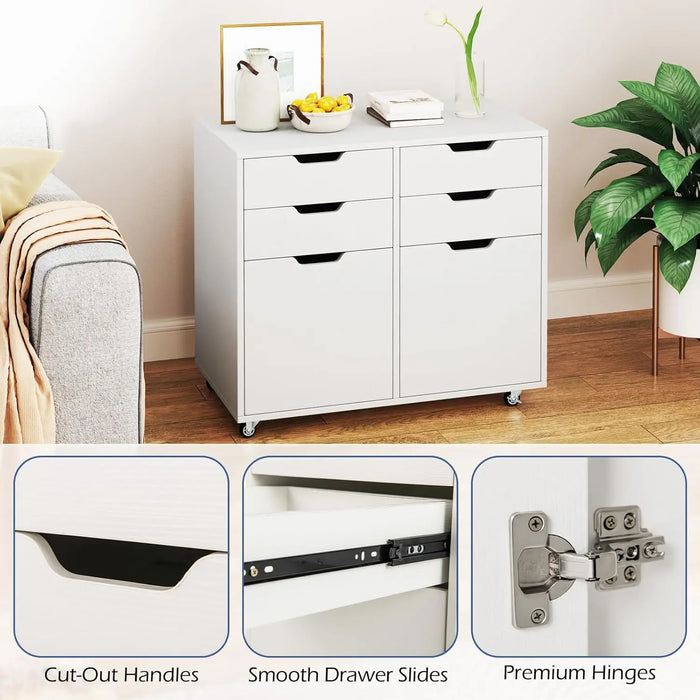 Mobile Wood Storage Cabinet with 4 Drawers, 2 Doors & 5 Wheels Rolling Printer Stand for Home or Office