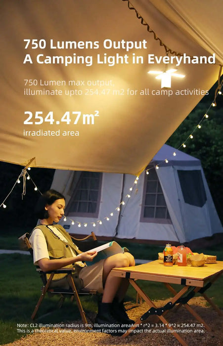 White camping flashlight with multiple lighting modes and 750 lumens output