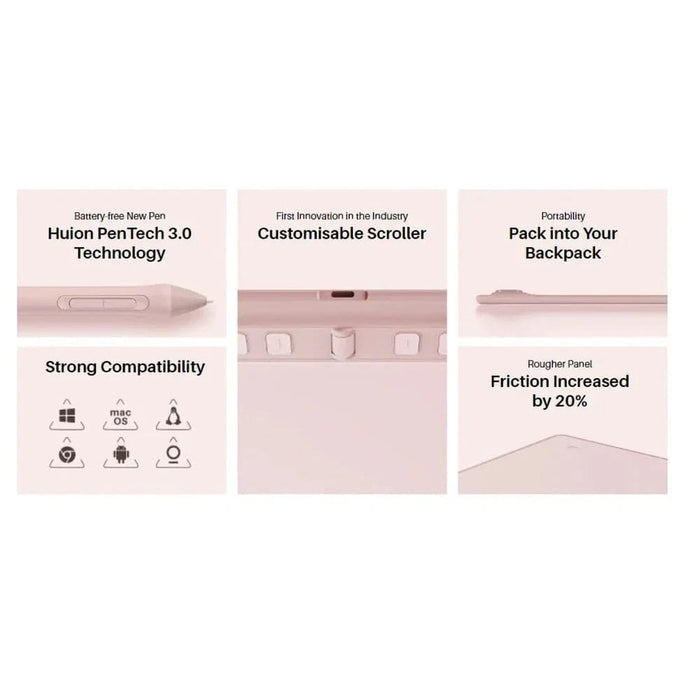 16 x 10 Cm Graphics Tablet with 6 Express Keys, Supports Android, Mac, Windows (H641P-Pink) - FLUXA