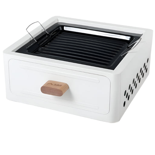 Camping Barbecue Stove Square Charcoal Heater white with black inside alt text:
Portable outdoor camping barbecue stove with white exterior and black interior