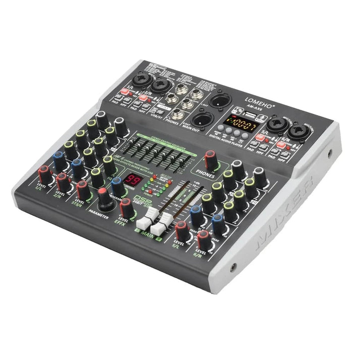 Mini 6 Channel Bluetooth Audio Mixer with 48V, 99 DSP, USB Recording for Karaoke - FLUXA