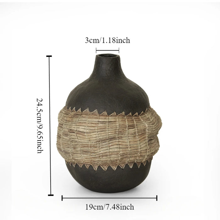 Decorative Resin Flower Vase with Rattan Patchwork Design