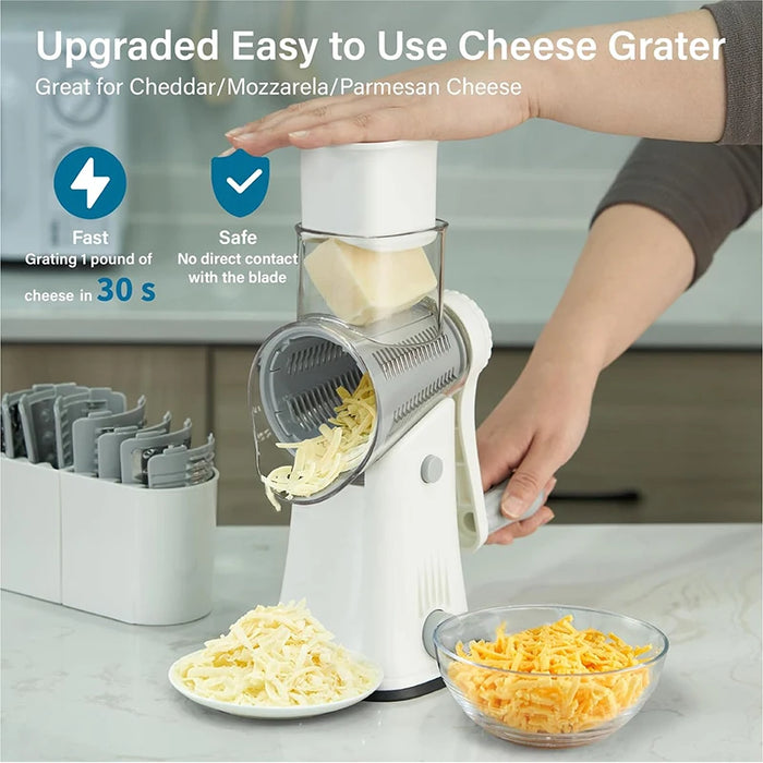 5 in 1 Rotary Cheese Grater Vegetable Slicer and Nut Chopper - White - Multi-functional kitchen tool for grating, slicing, and chopping