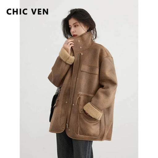 Thick warm coffee-colored reversible suede jacket with large size