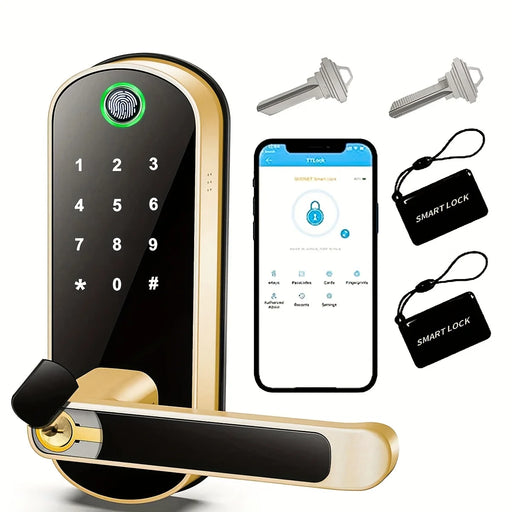 Smart fingerprint door lock with gold finish and WiFi connectivity