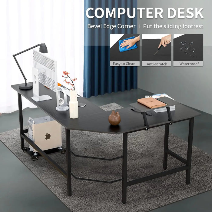 Black L-Shaped Corner Desk Wood & Metal Workstation with Monitor Shelf and Tower Stand